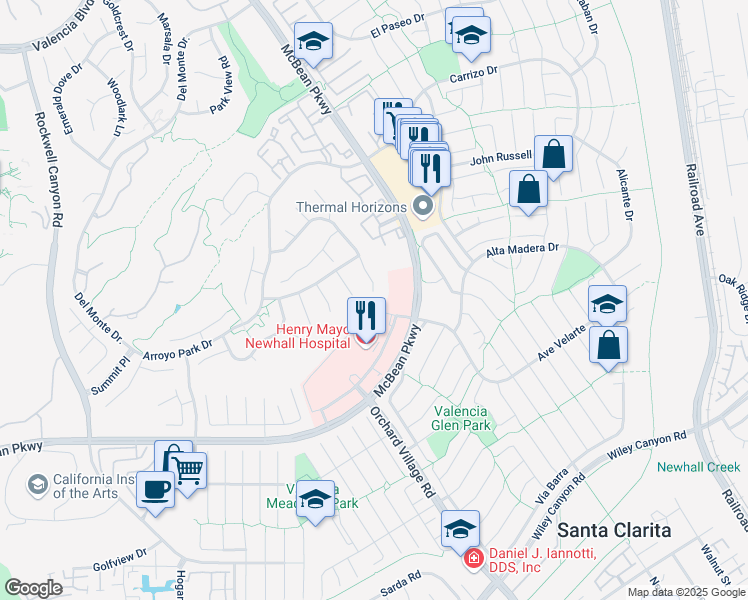 map of restaurants, bars, coffee shops, grocery stores, and more near 23845 McBean Parkway in Santa Clarita
