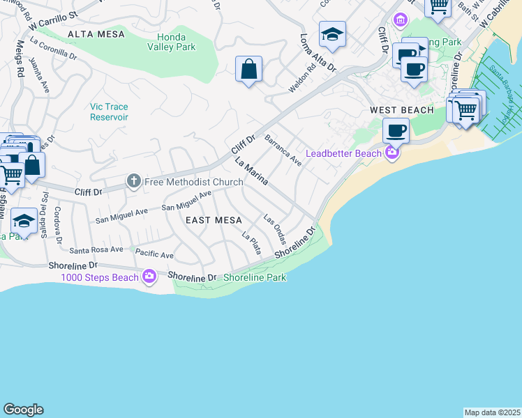 map of restaurants, bars, coffee shops, grocery stores, and more near 148 Las Ondas in Santa Barbara
