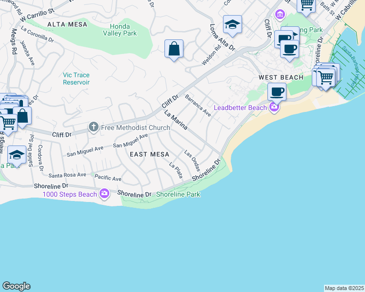 map of restaurants, bars, coffee shops, grocery stores, and more near 148 Las Ondas in Santa Barbara