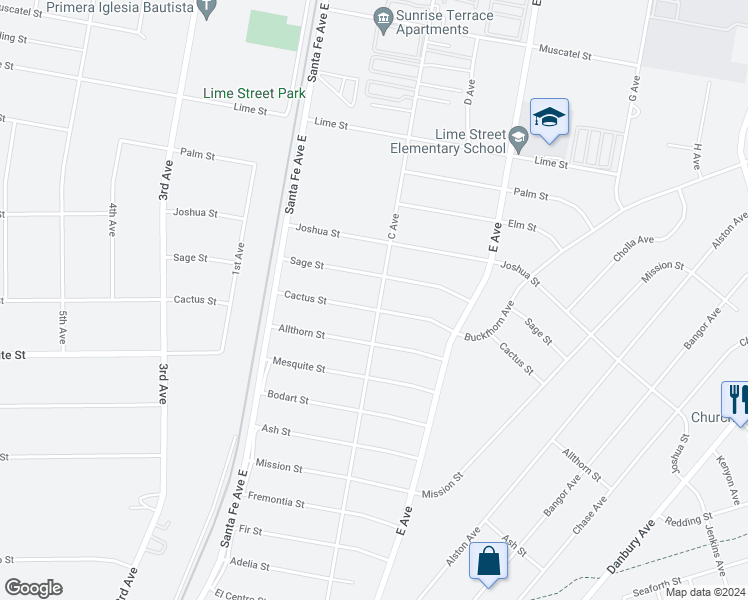 map of restaurants, bars, coffee shops, grocery stores, and more near 16550 Cactus Street in Hesperia