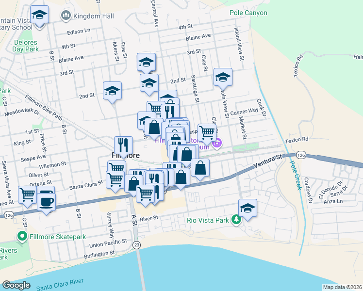 map of restaurants, bars, coffee shops, grocery stores, and more near 437 Main Street in Fillmore