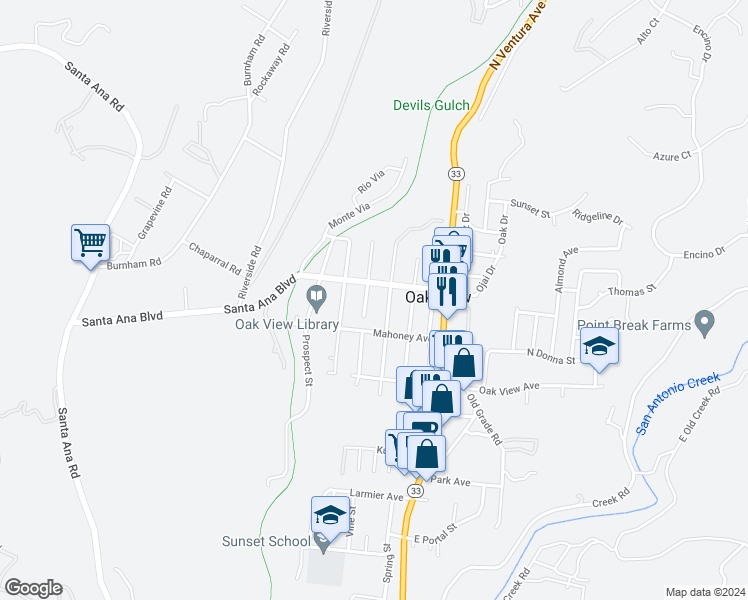 map of restaurants, bars, coffee shops, grocery stores, and more near 138 Mountain View Street in Oak View