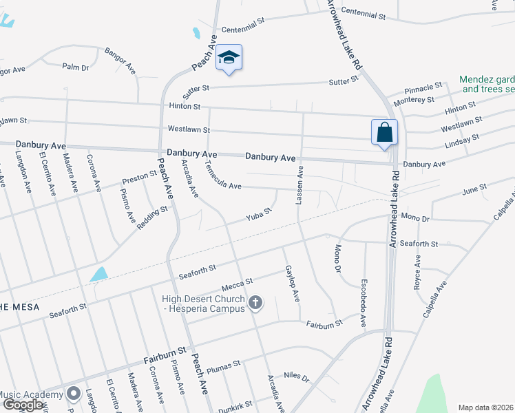 map of restaurants, bars, coffee shops, grocery stores, and more near 18550 Yuba Street in Hesperia