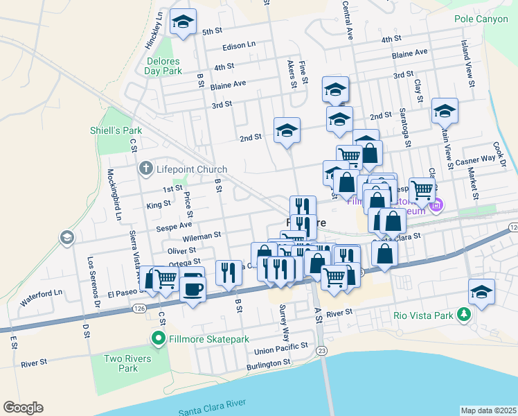 map of restaurants, bars, coffee shops, grocery stores, and more near 362 McCampbell Street in Fillmore