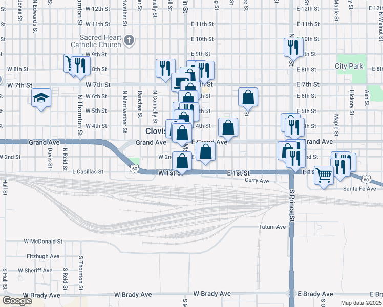 map of restaurants, bars, coffee shops, grocery stores, and more near 113 East 2nd Street in Clovis