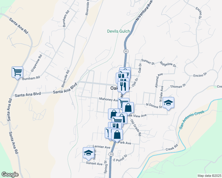 map of restaurants, bars, coffee shops, grocery stores, and more near 136 Apricot Street in Oak View
