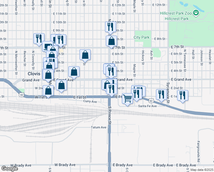 map of restaurants, bars, coffee shops, grocery stores, and more near 200 North Prince Street in Clovis
