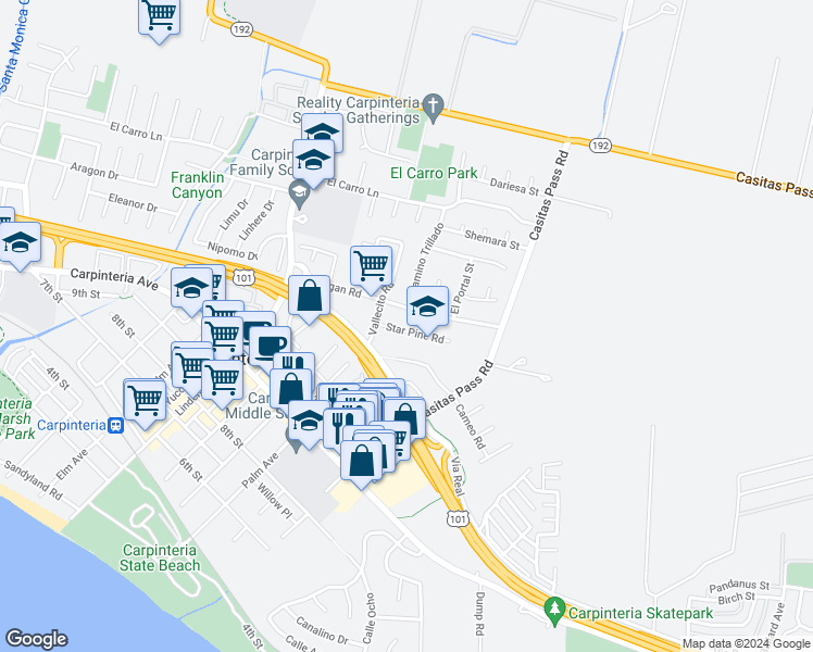 map of restaurants, bars, coffee shops, grocery stores, and more near 5330 Star Pine Road in Carpinteria