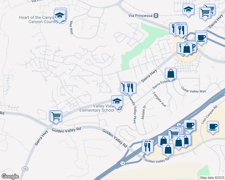 map of restaurants, bars, coffee shops, grocery stores, and more near 26328 Oak Highland Drive in Santa Clarita