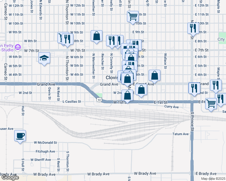 map of restaurants, bars, coffee shops, grocery stores, and more near 201 North Connelly Street in Clovis