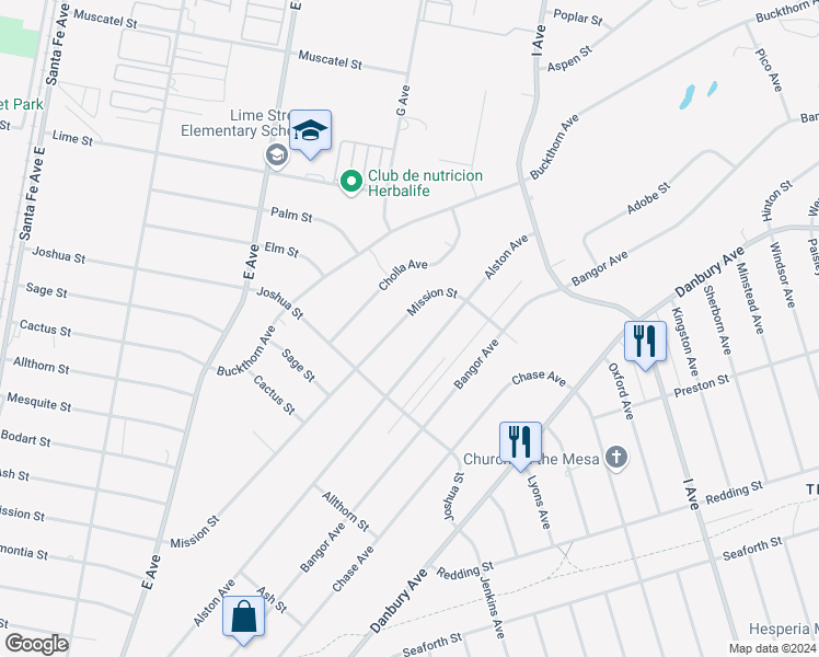 map of restaurants, bars, coffee shops, grocery stores, and more near 17075 Mission Street in Hesperia