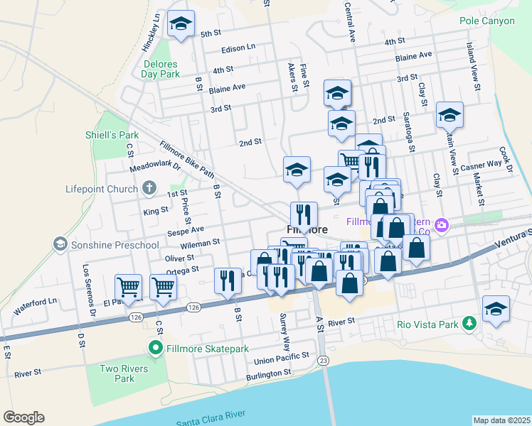 map of restaurants, bars, coffee shops, grocery stores, and more near 744 Sespe Avenue in Fillmore