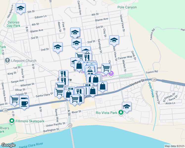 map of restaurants, bars, coffee shops, grocery stores, and more near 340 Central Avenue in Fillmore