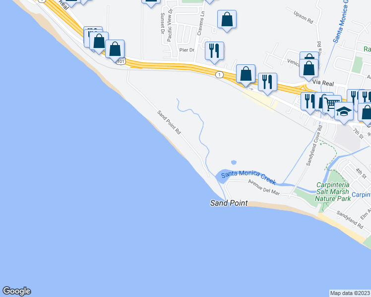 map of restaurants, bars, coffee shops, grocery stores, and more near 635 Sand Point Road in Carpinteria