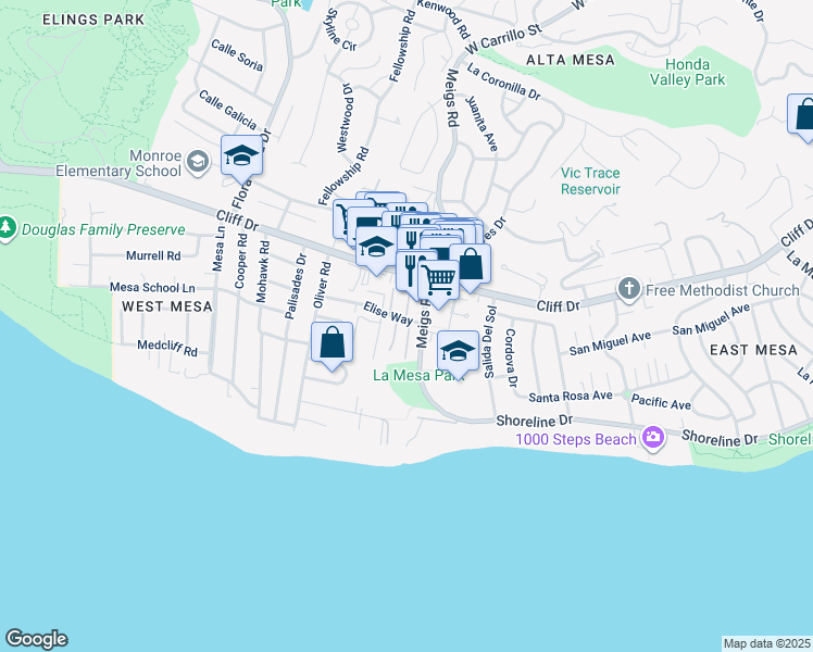 map of restaurants, bars, coffee shops, grocery stores, and more near 220 Meigs Road in Santa Barbara