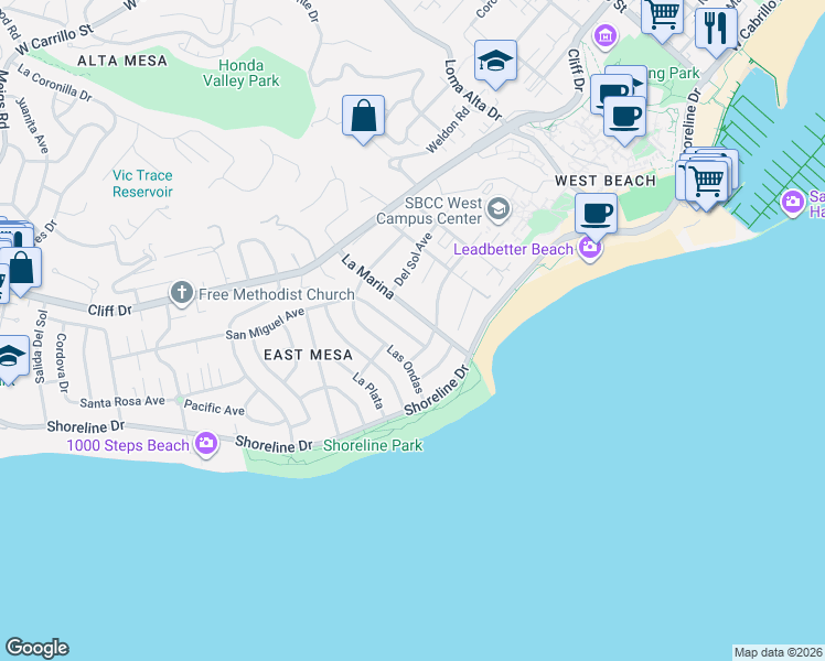 map of restaurants, bars, coffee shops, grocery stores, and more near 1205 Del Mar Avenue in Santa Barbara