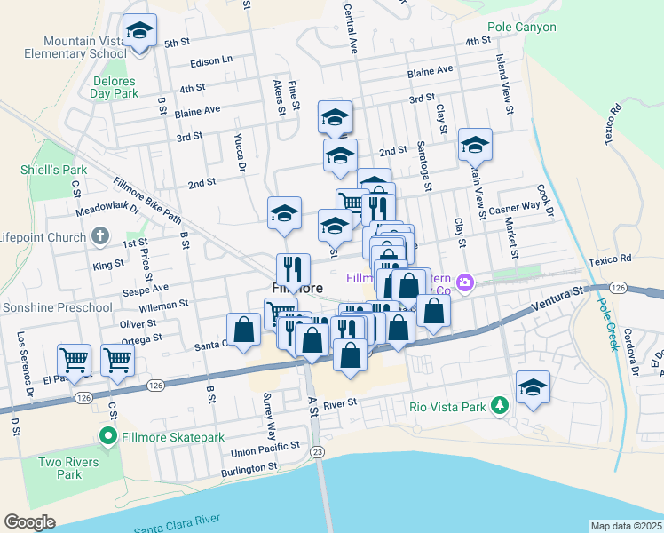 map of restaurants, bars, coffee shops, grocery stores, and more near 616 Sespe Avenue in Fillmore