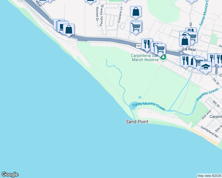map of restaurants, bars, coffee shops, grocery stores, and more near 625 Sand Point Road in Carpinteria