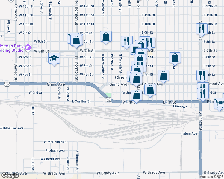 map of restaurants, bars, coffee shops, grocery stores, and more near 209 Rencher Street in Clovis