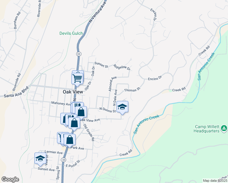 map of restaurants, bars, coffee shops, grocery stores, and more near 10529 North Dale Avenue in Oak View