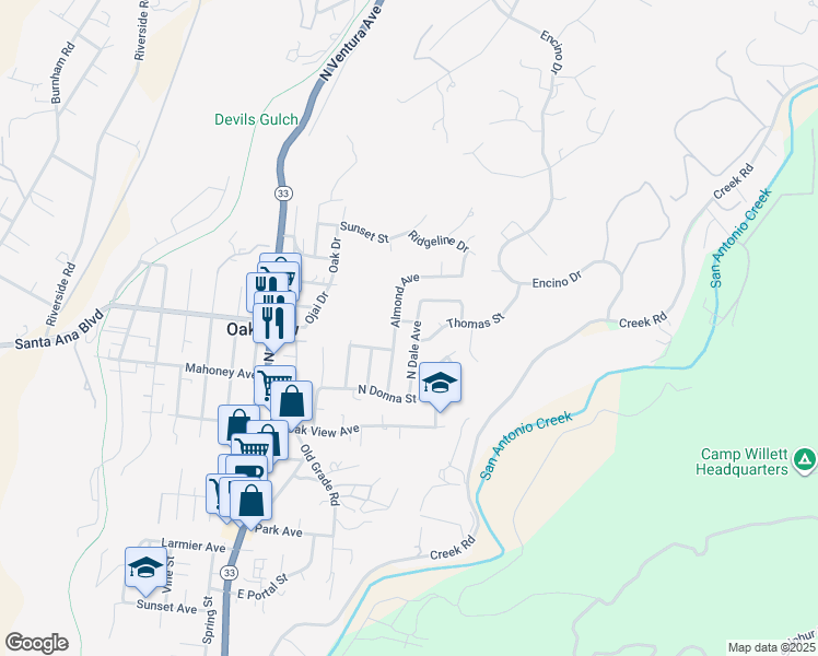 map of restaurants, bars, coffee shops, grocery stores, and more near 10529 North Dale Avenue in Oak View