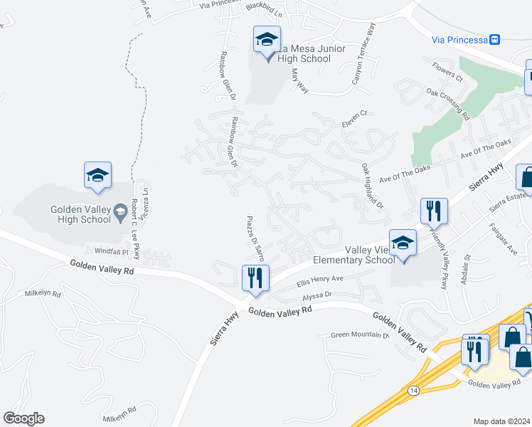 map of restaurants, bars, coffee shops, grocery stores, and more near 26127 Rainbow Glen Drive in Santa Clarita