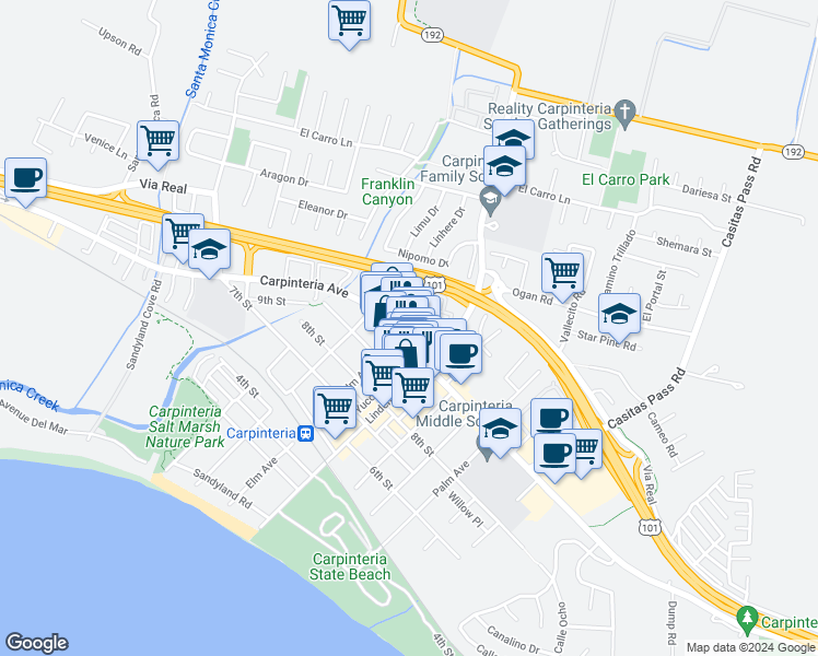 map of restaurants, bars, coffee shops, grocery stores, and more near 1045 Elm Lane in Carpinteria