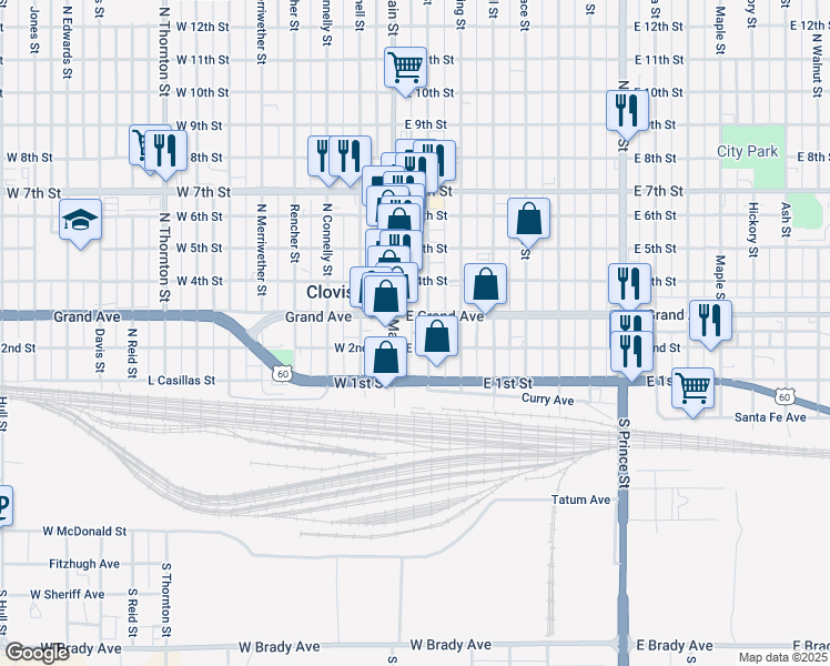 map of restaurants, bars, coffee shops, grocery stores, and more near 112 East 2nd Street in Clovis