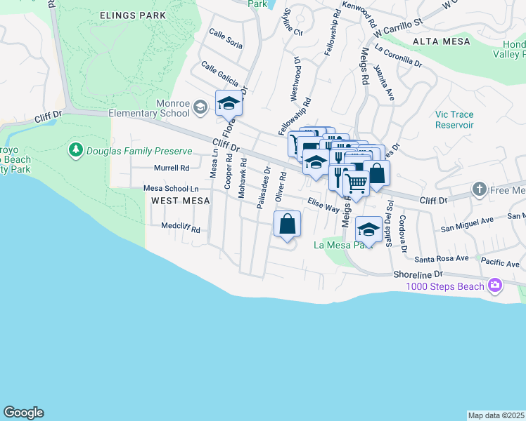 map of restaurants, bars, coffee shops, grocery stores, and more near 244 Palisades Drive in Santa Barbara