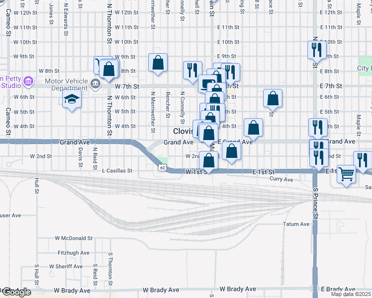 map of restaurants, bars, coffee shops, grocery stores, and more near 213 North Connelly Street in Clovis