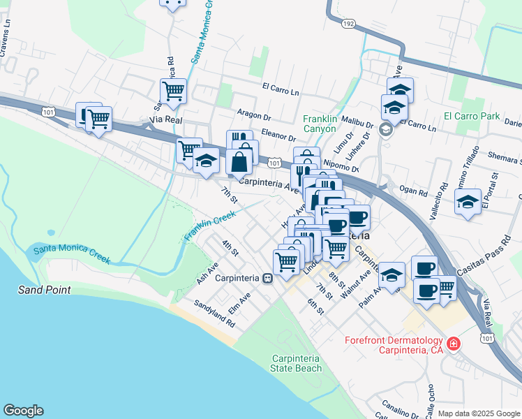 map of restaurants, bars, coffee shops, grocery stores, and more near 4705 8th Street in Carpinteria