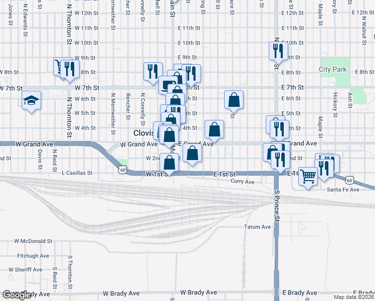 map of restaurants, bars, coffee shops, grocery stores, and more near 113 East 2nd Street in Clovis