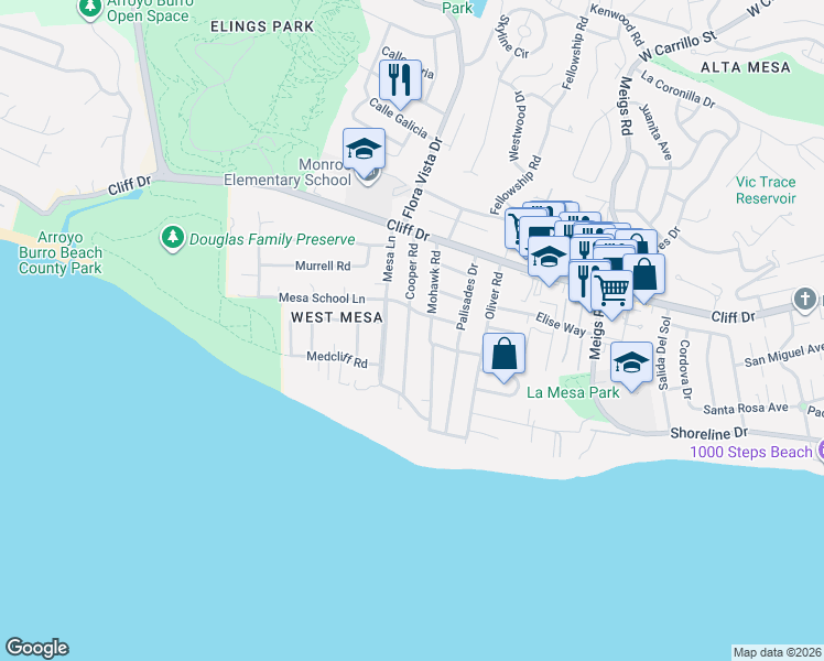 map of restaurants, bars, coffee shops, grocery stores, and more near 234 Cooper Road in Santa Barbara