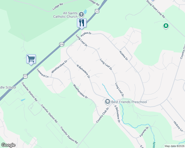 map of restaurants, bars, coffee shops, grocery stores, and more near 102 Yaupon Court in Hampstead