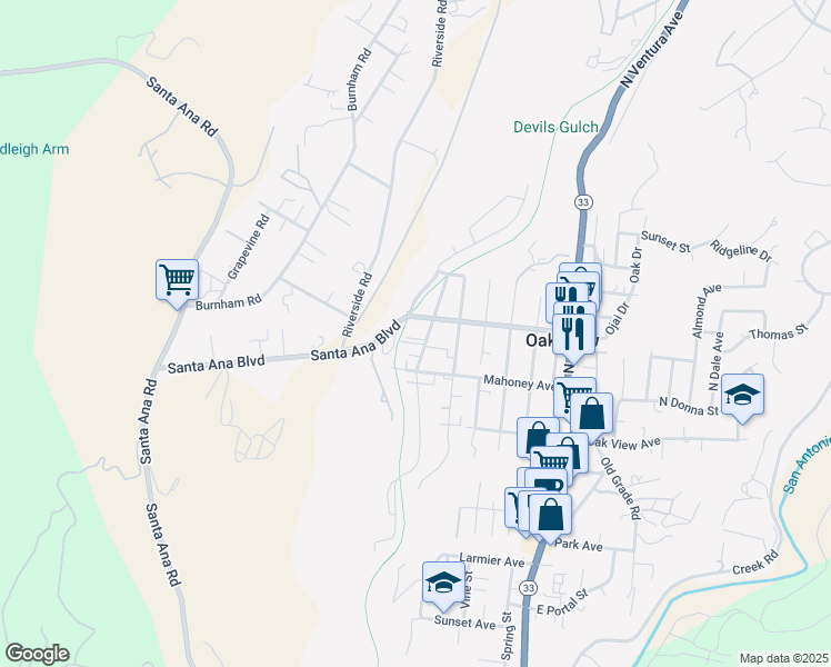 map of restaurants, bars, coffee shops, grocery stores, and more near 133 Prospect Street in Oak View