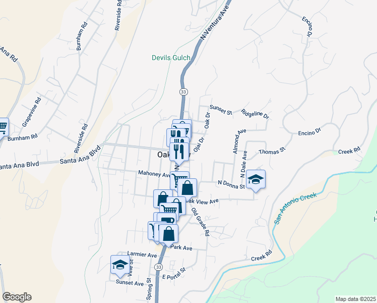 map of restaurants, bars, coffee shops, grocery stores, and more near in Oak View