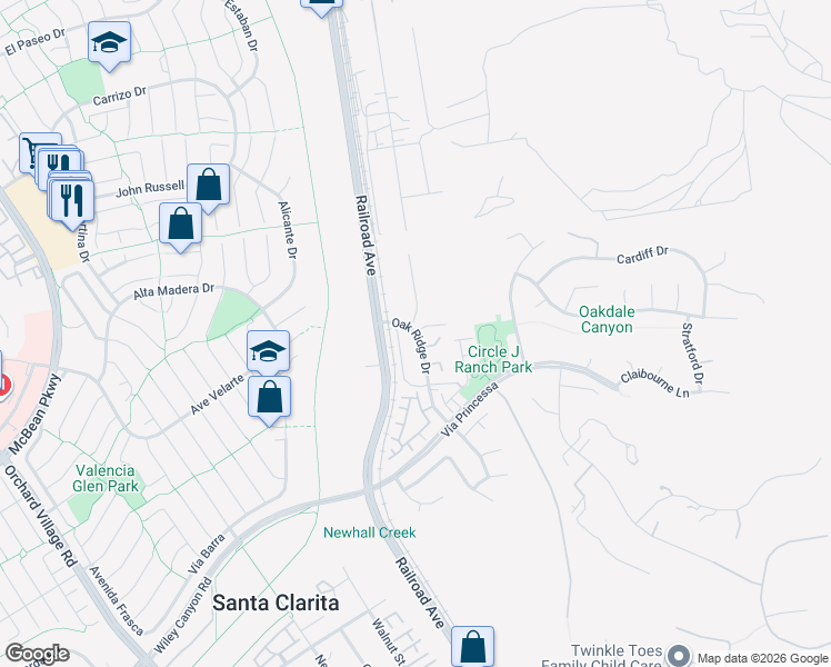 map of restaurants, bars, coffee shops, grocery stores, and more near 25361 Railroad Avenue in Santa Clarita