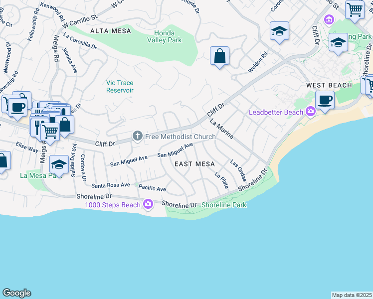 map of restaurants, bars, coffee shops, grocery stores, and more near 1273 San Miguel Avenue in Santa Barbara