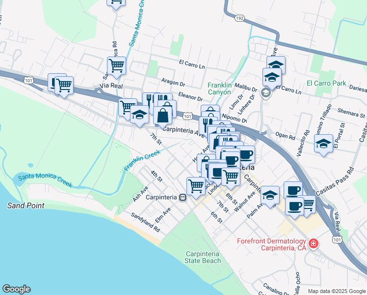 map of restaurants, bars, coffee shops, grocery stores, and more near 4682 9th Street in Carpinteria