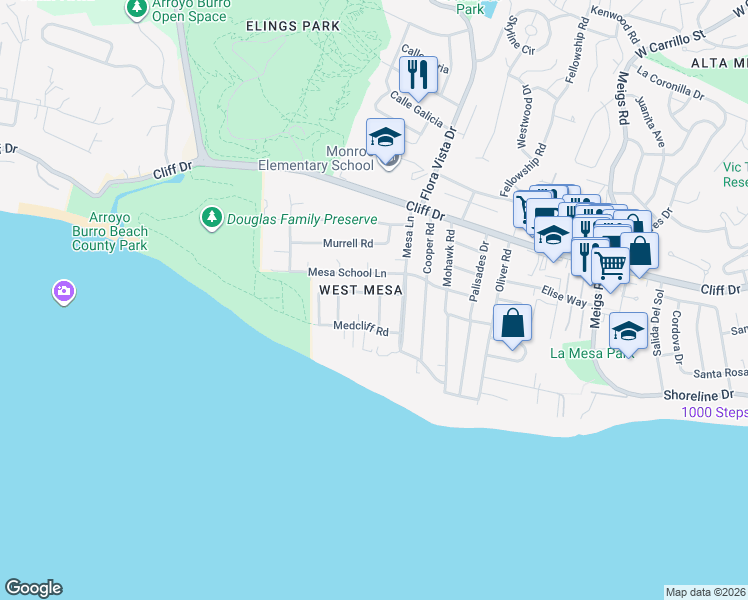 map of restaurants, bars, coffee shops, grocery stores, and more near 2425 Mesa School Lane in Santa Barbara