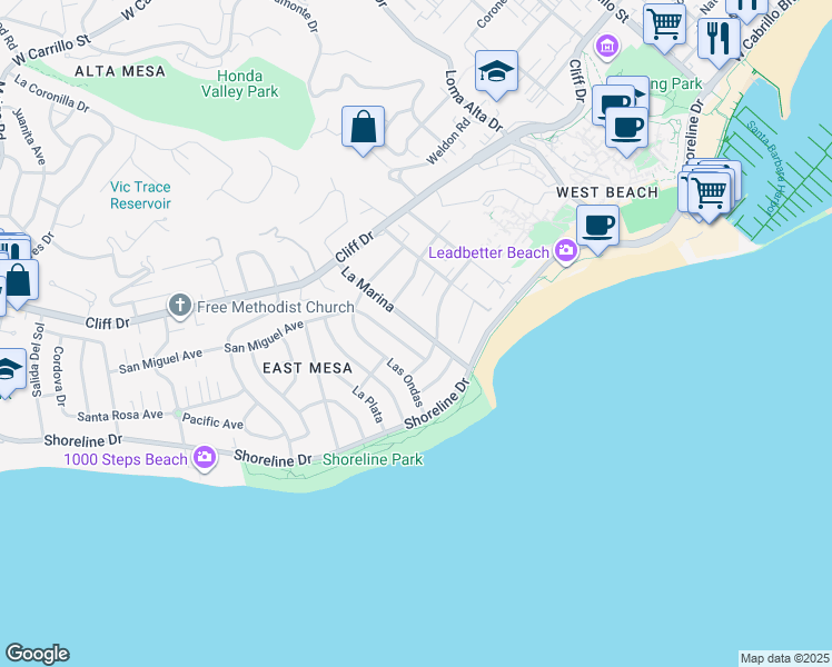 map of restaurants, bars, coffee shops, grocery stores, and more near 217 La Marina in Santa Barbara