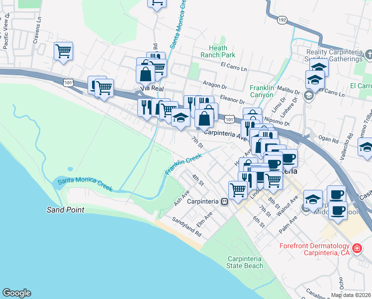 map of restaurants, bars, coffee shops, grocery stores, and more near 4545 Carpinteria Avenue in Carpinteria