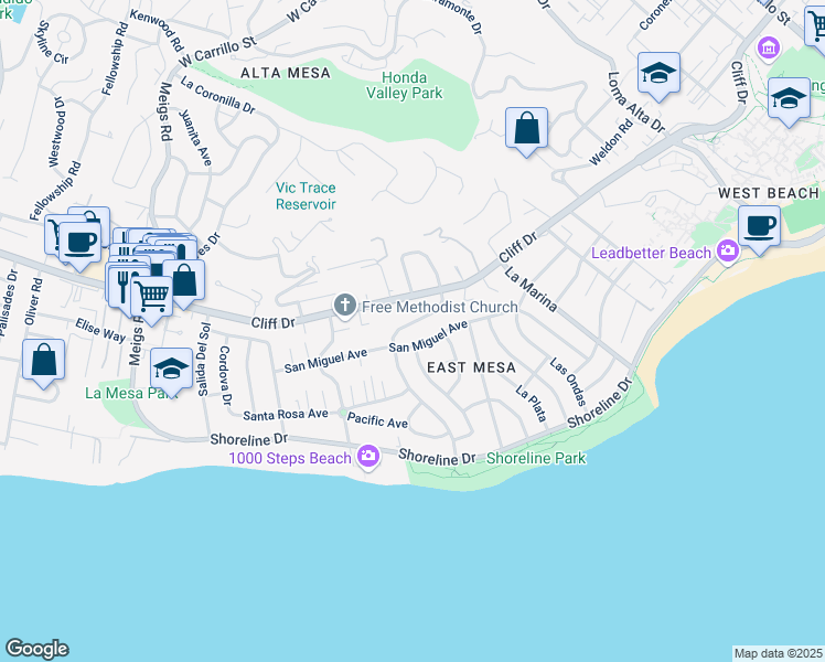 map of restaurants, bars, coffee shops, grocery stores, and more near 1333 Cliff Drive in Santa Barbara
