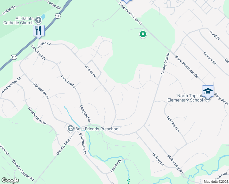 map of restaurants, bars, coffee shops, grocery stores, and more near 116 Bay Tree Circle in Hampstead