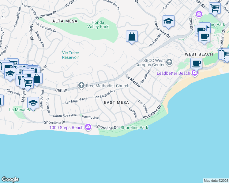 map of restaurants, bars, coffee shops, grocery stores, and more near 257 San Nicolas Avenue in Santa Barbara