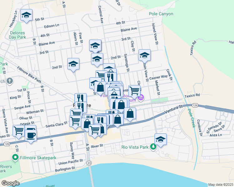 map of restaurants, bars, coffee shops, grocery stores, and more near 405 Central Avenue in Fillmore