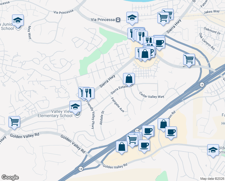 map of restaurants, bars, coffee shops, grocery stores, and more near 19149 Sierra Estates Drive in Santa Clarita