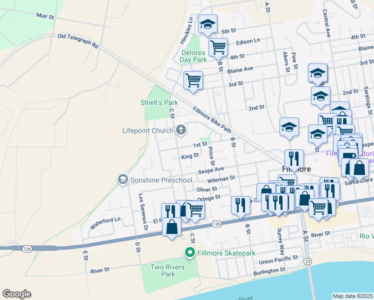 map of restaurants, bars, coffee shops, grocery stores, and more near 1044 1st Street in Fillmore