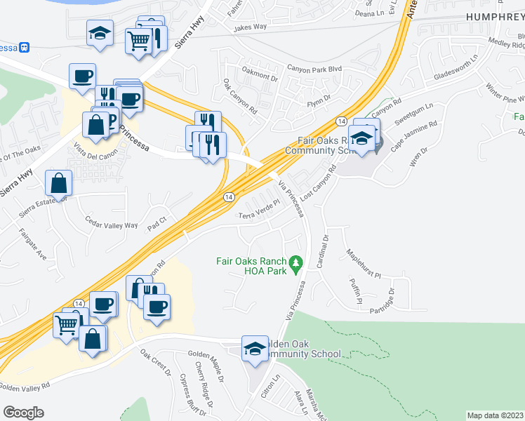 map of restaurants, bars, coffee shops, grocery stores, and more near 18025 Terra Verde Place in Los Angeles County