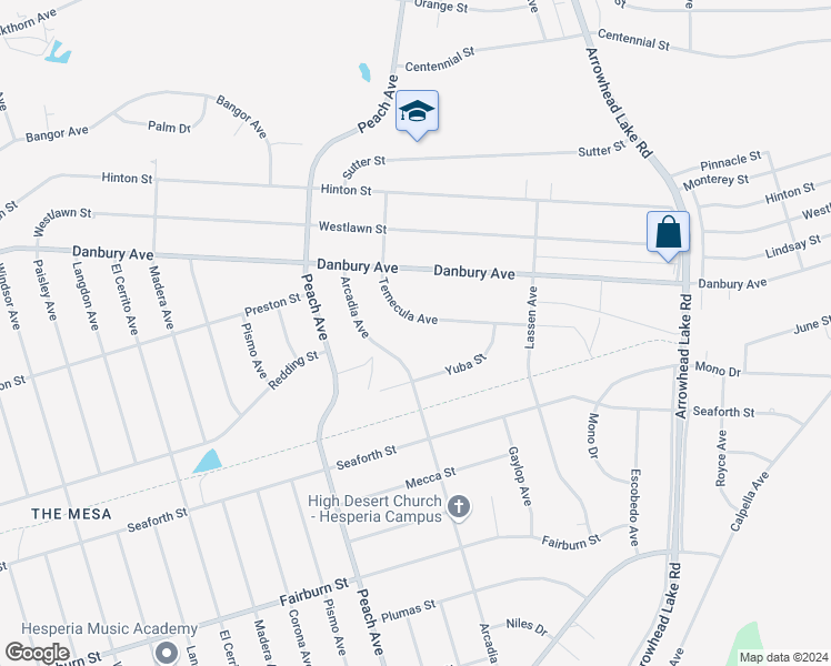 map of restaurants, bars, coffee shops, grocery stores, and more near 18475 Temecula Avenue in Hesperia